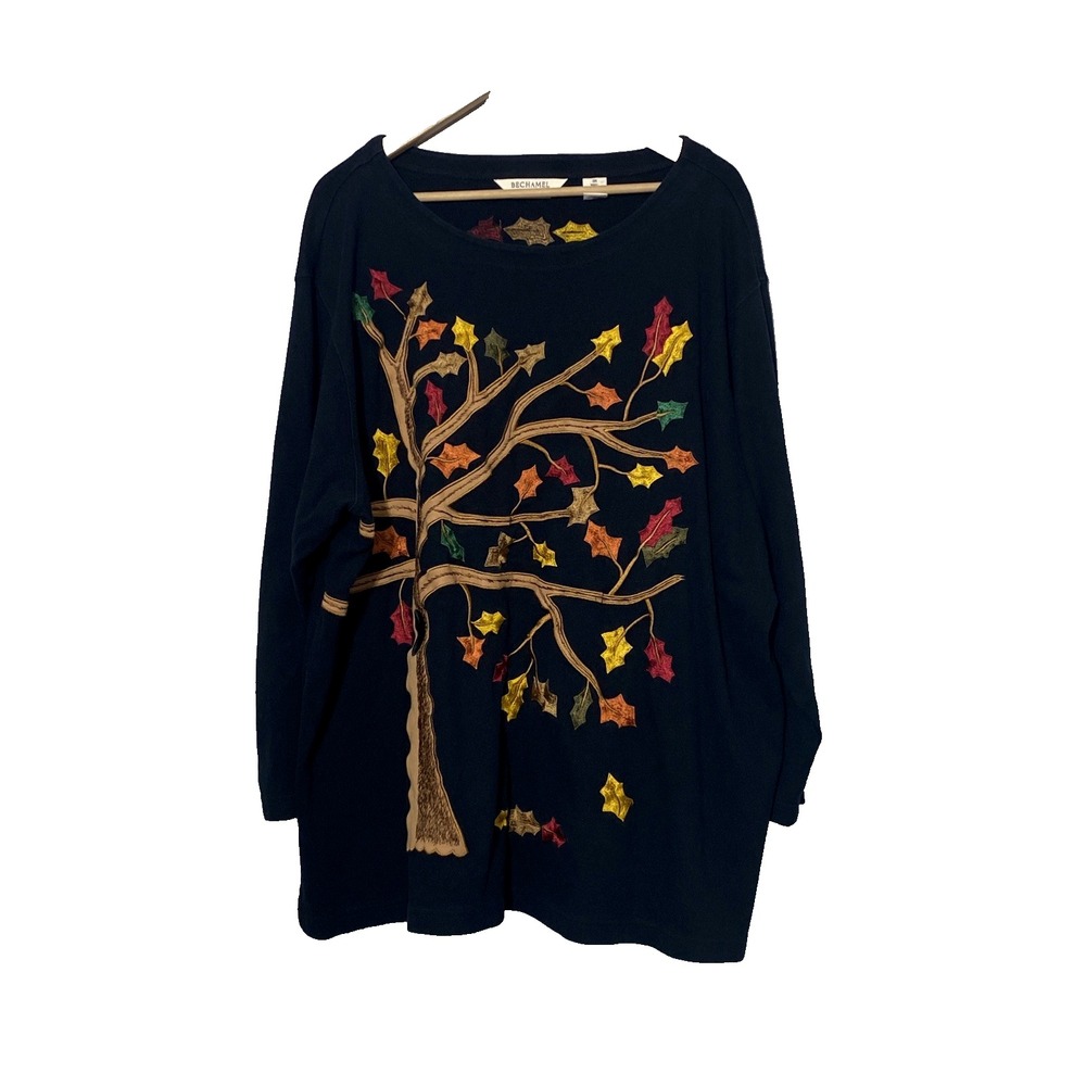 Bechamel Women's Top Size 3X Black Fall Autumn Tree Embroidery Applique Pullover
